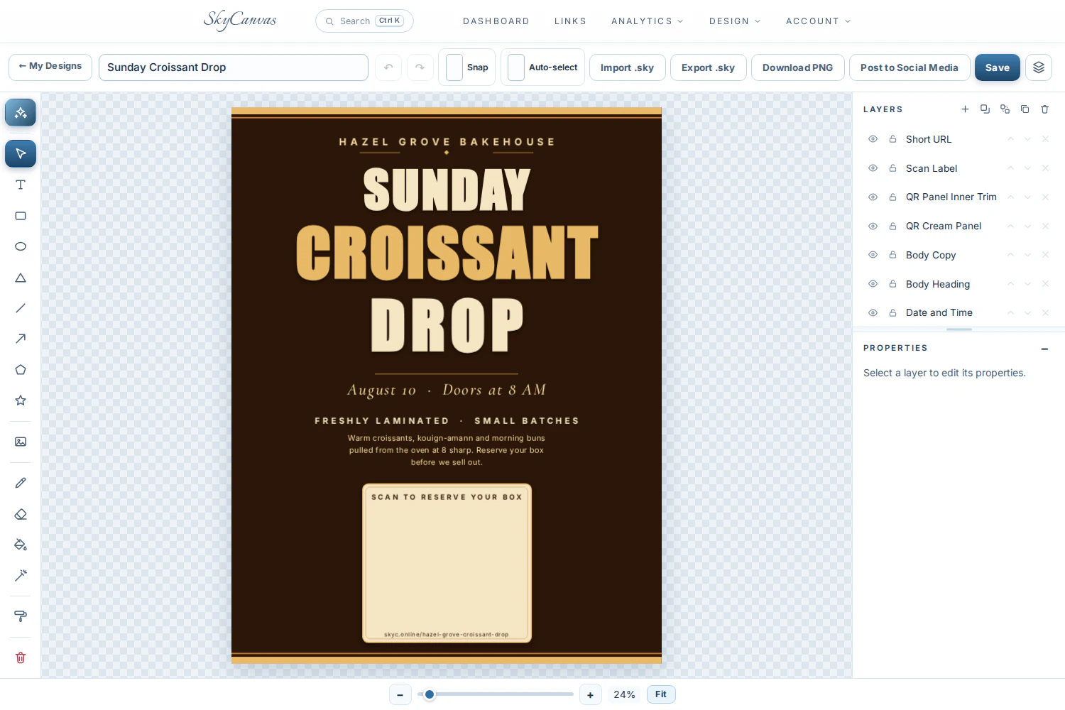 SkyCanvas design editor with a finished Sunday Croissant Drop poster, drawing toolbar, editable layer list and properties panel