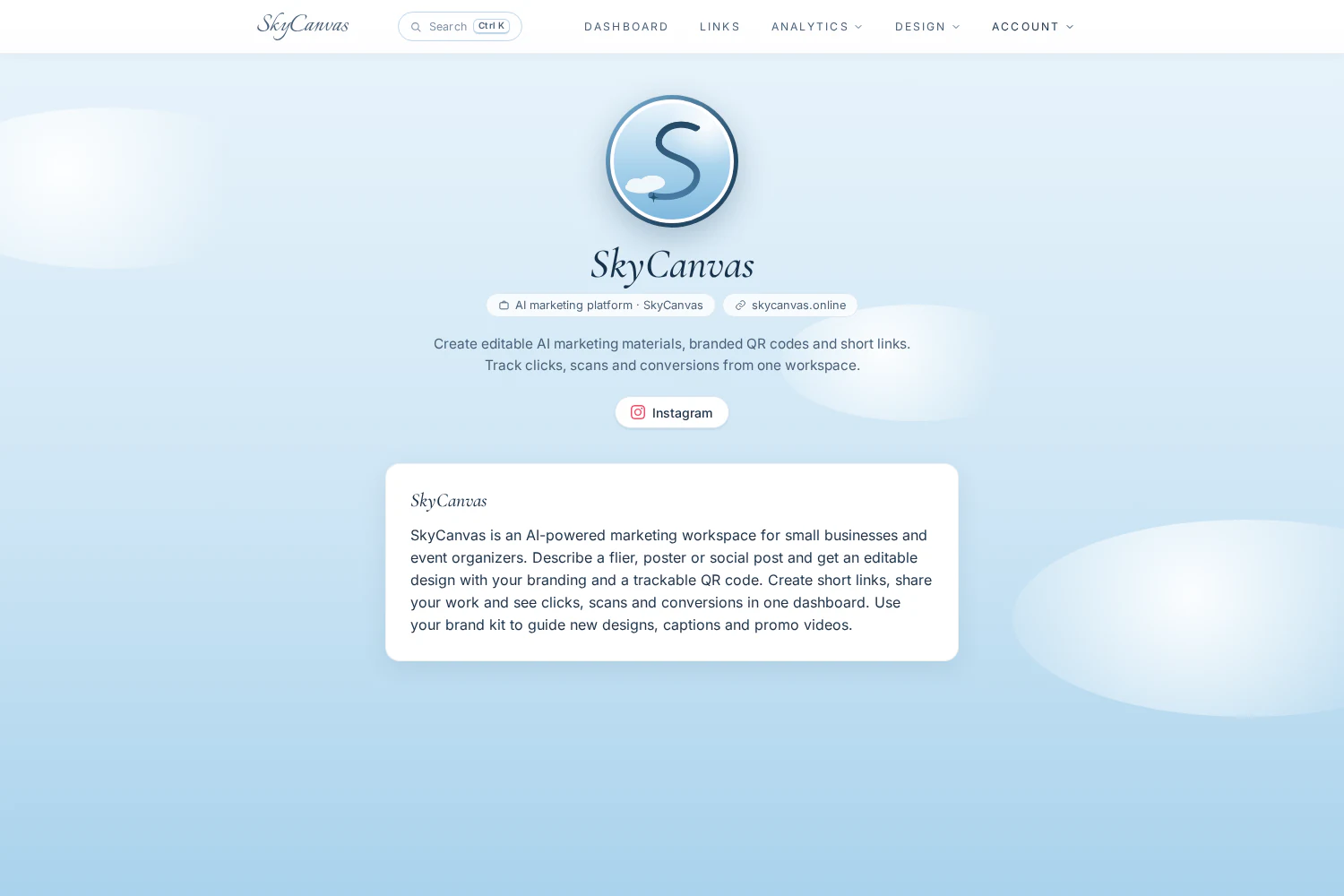 SkyCanvas public business profile for the SkyCanvas brand with logo, bio, website and Instagram link
