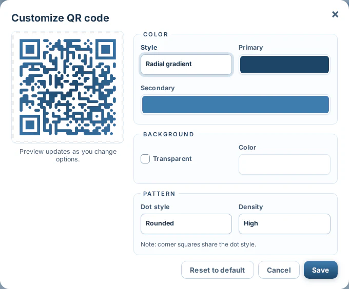 SkyCanvas QR code customizer with radial gradient colors, rounded dots, background and density controls