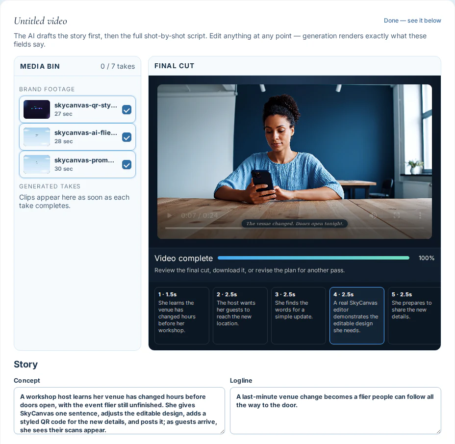 SkyCanvas video editor showing selected Brand Kit footage, a finished promo preview, scene timeline, concept and script fields