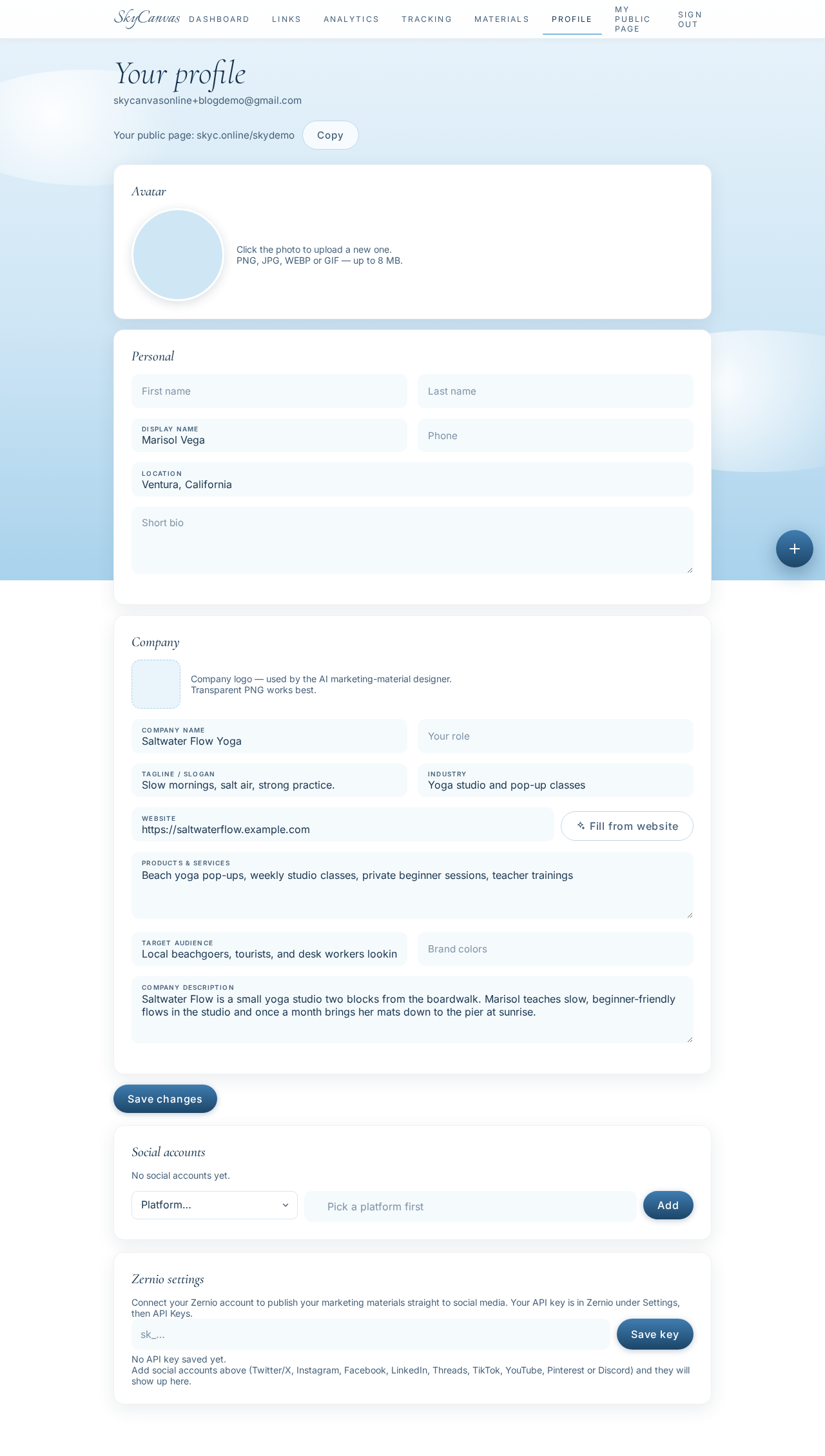 The SkyCanvas profile page filled in with Saltwater Flow Yoga's name, tagline, industry, services, and audience.