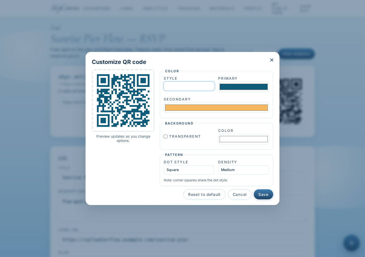 The QR code customizer with brand colors applied to the modules and a live preview updating in real time.