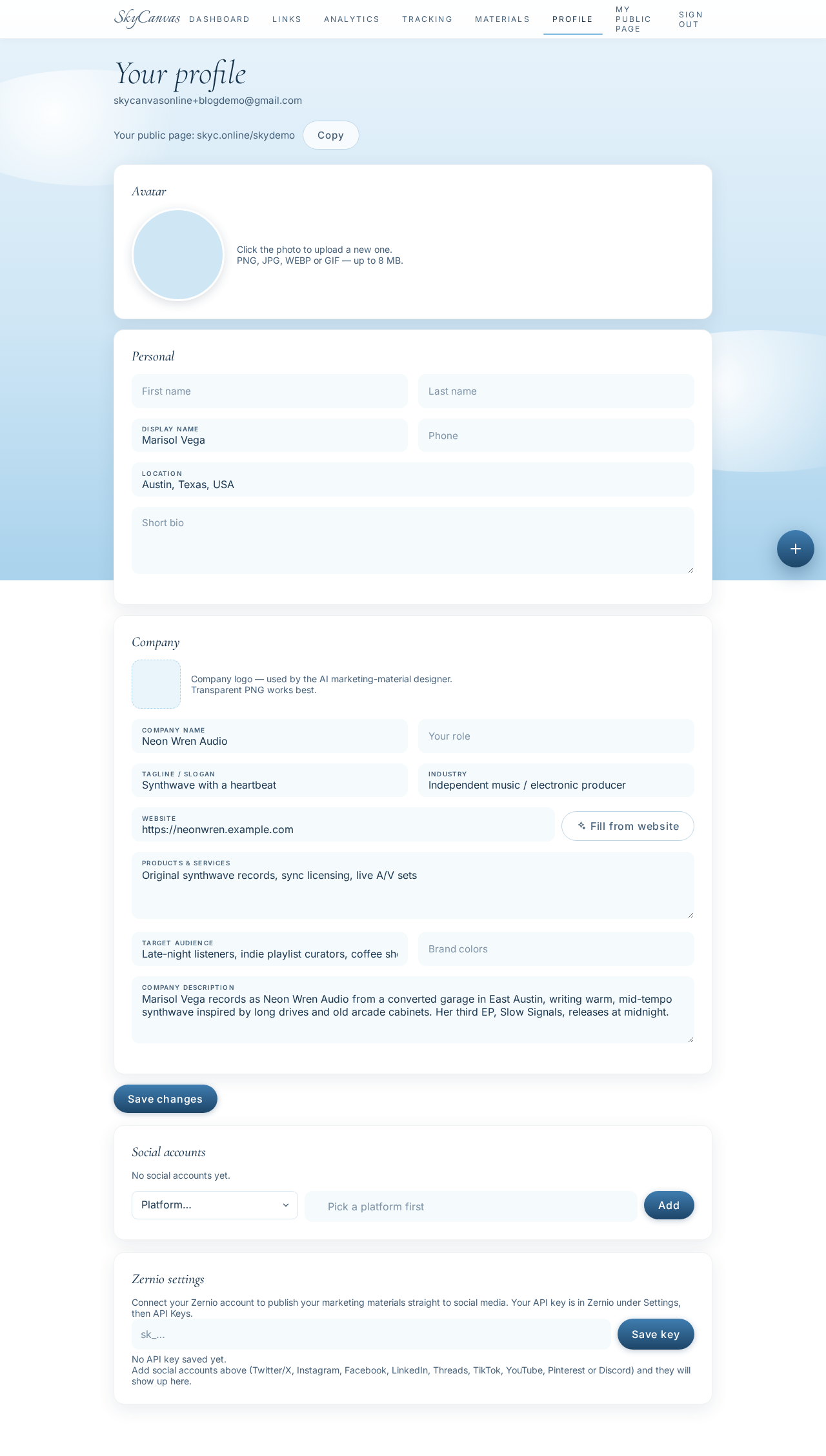 The Neon Wren Audio profile page with business details filled in