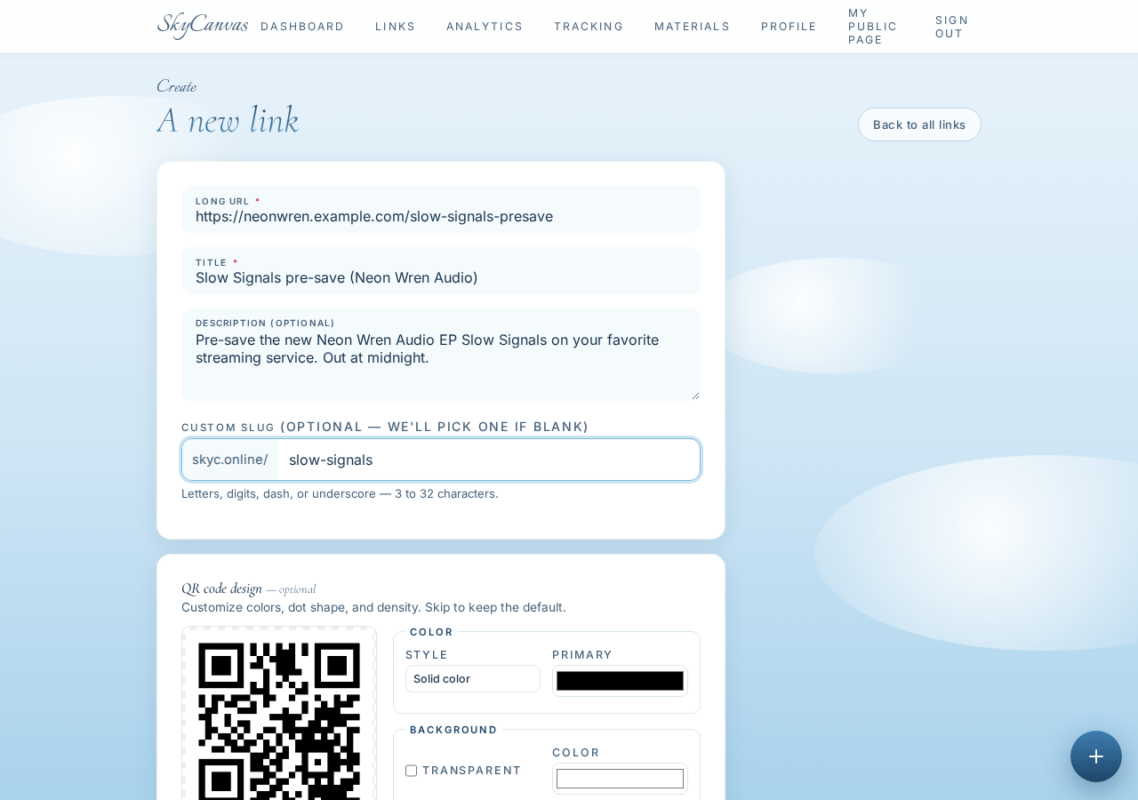 The new short link form filled in with destination, title, description and custom slug, with a live QR preview