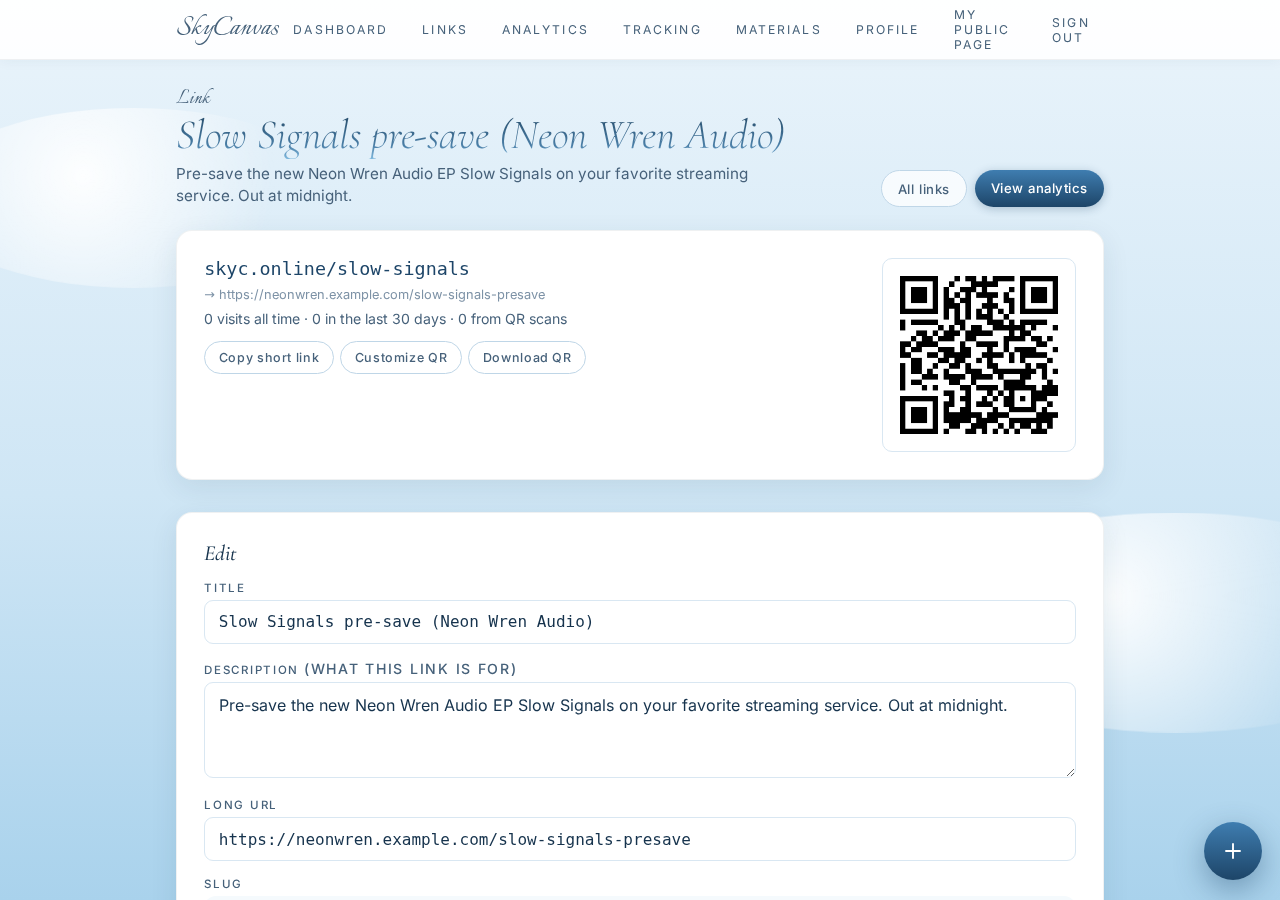 The link detail page showing the short URL, destination, and generated QR code