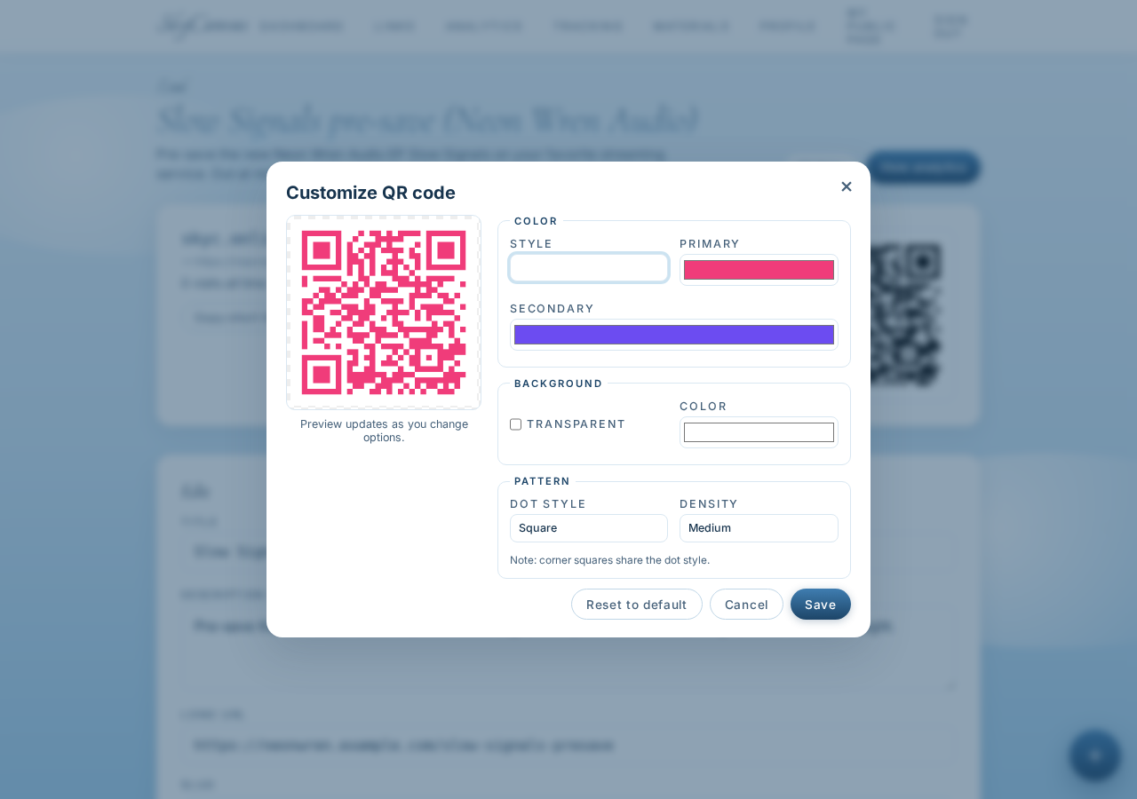 Customizing the QR code style with brand colors applied to the modules and a live preview