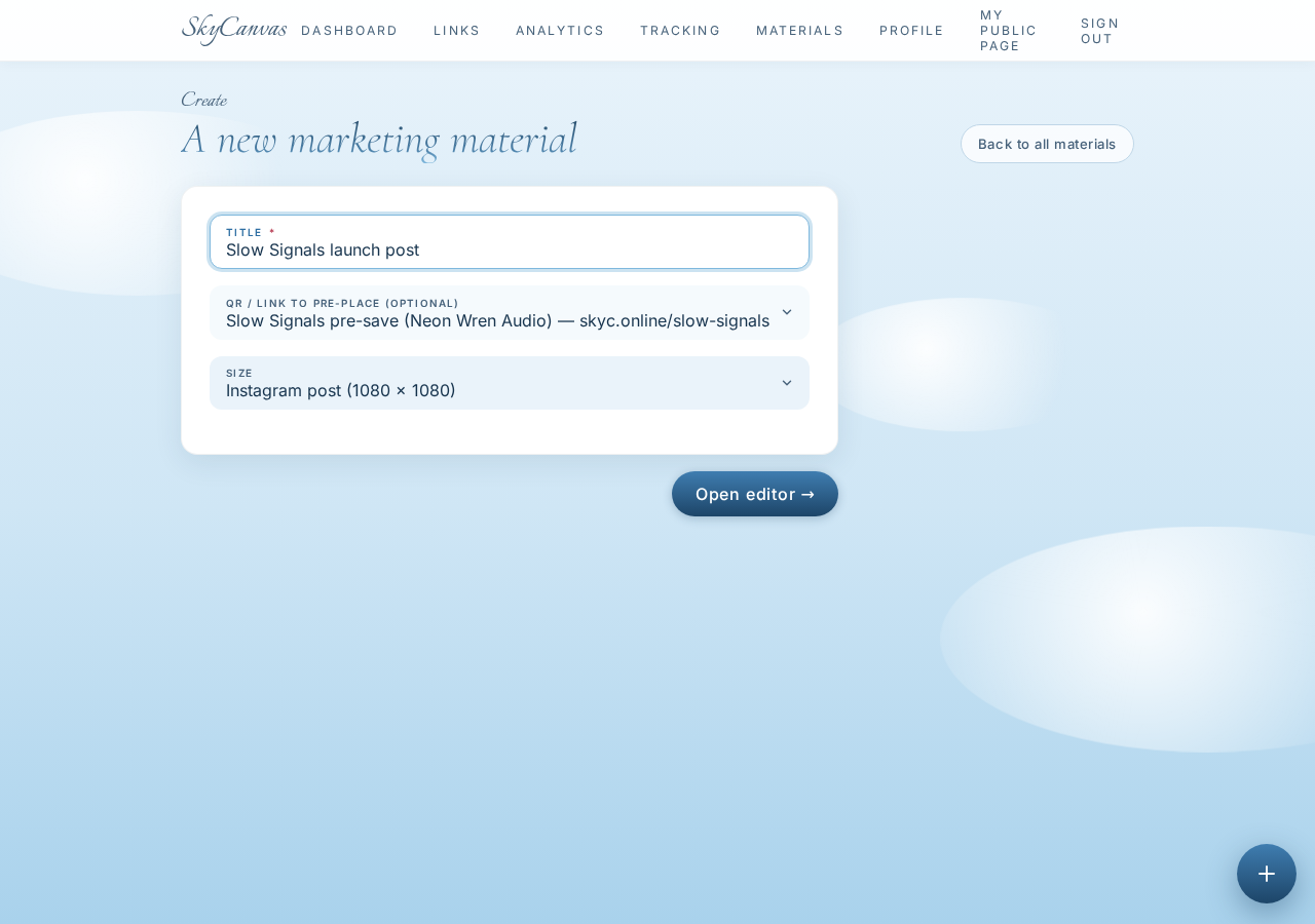 Starting a new marketing material with title, Instagram size preset, and the short link selected