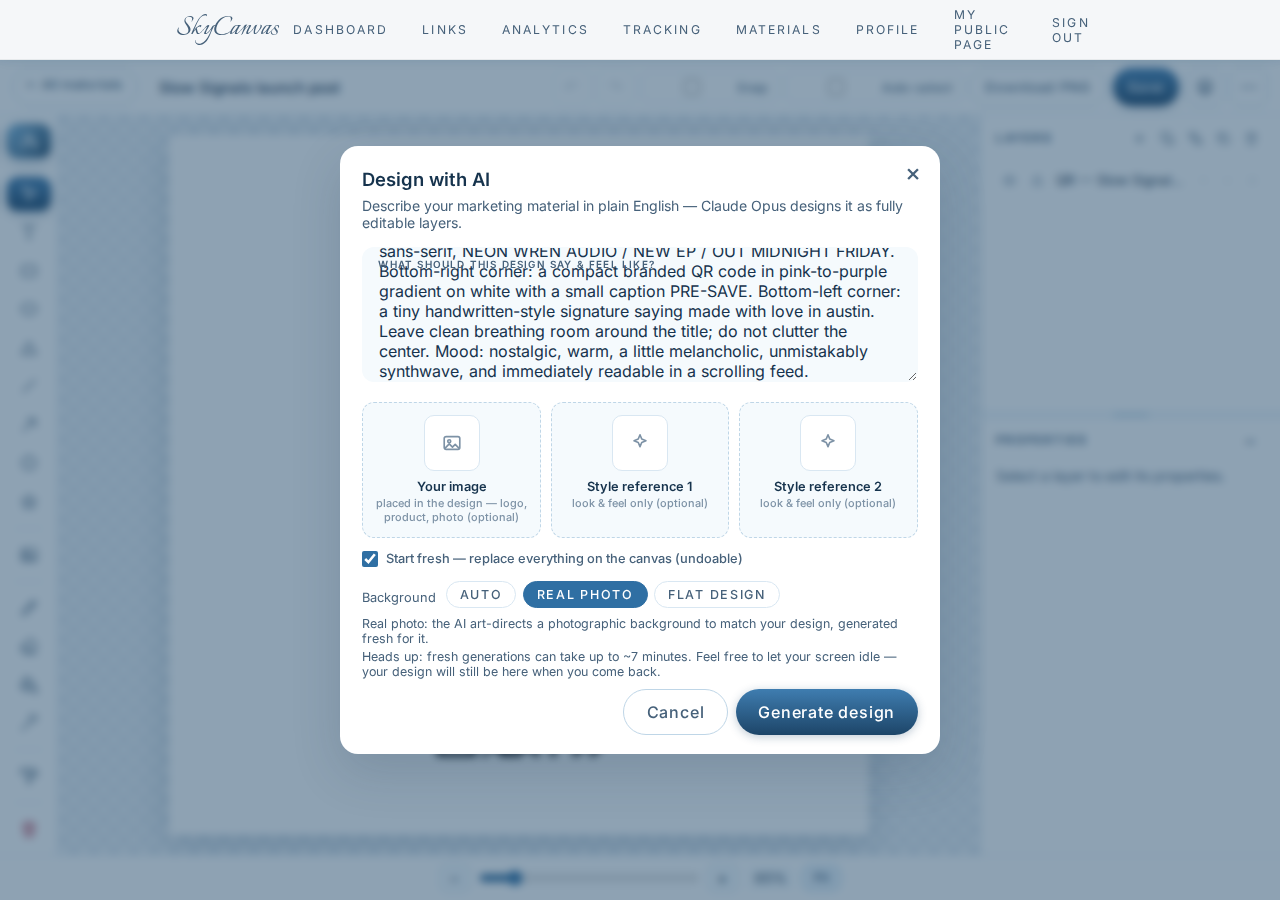 The Design with AI modal with a plain-English brief and the Real photo background mode selected
