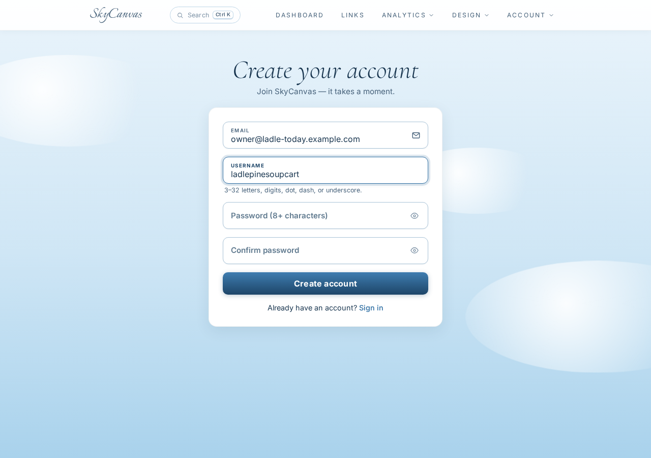 The SkyCanvas signup page with the email and username fields completed