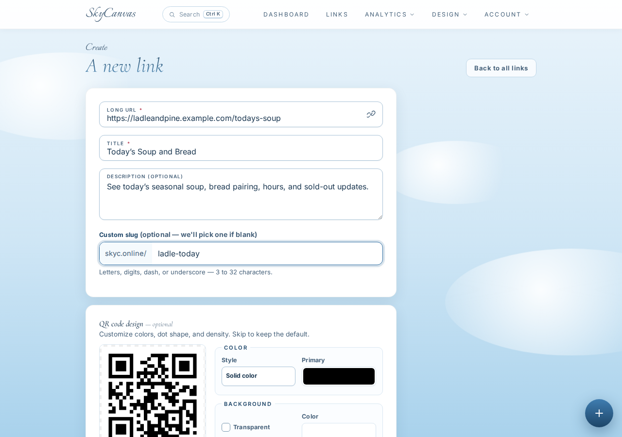 The new short link form filled with the daily menu destination, title, description, custom slug, and a live QR preview