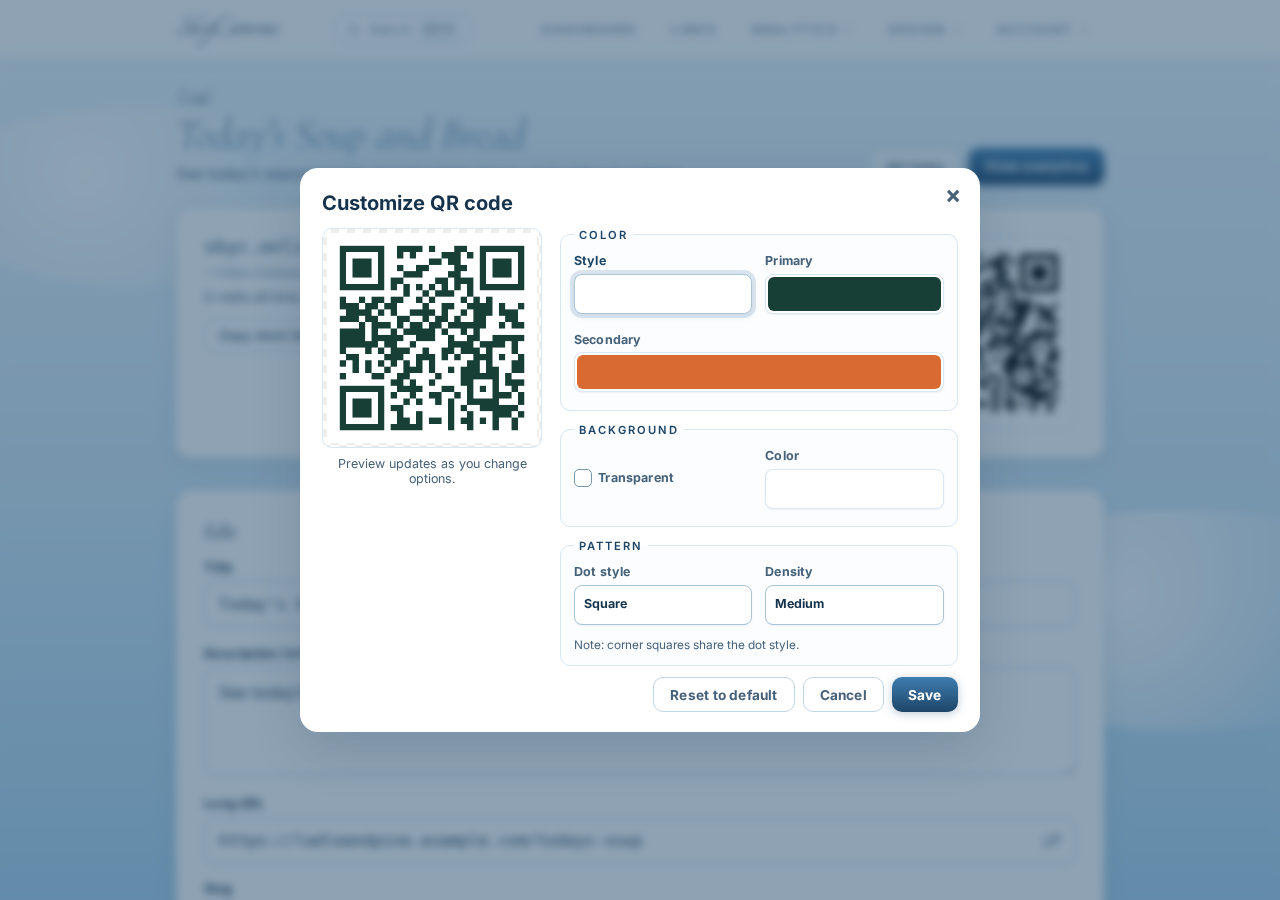 The QR customization controls showing Ladle and Pine’s evergreen and orange brand colors in the live preview