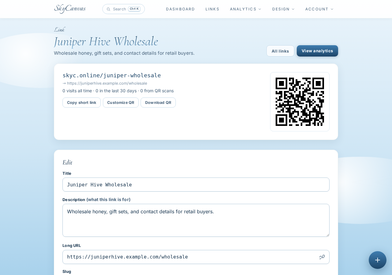 The Juniper Hive link detail page showing its short URL, wholesale destination, and downloadable QR code