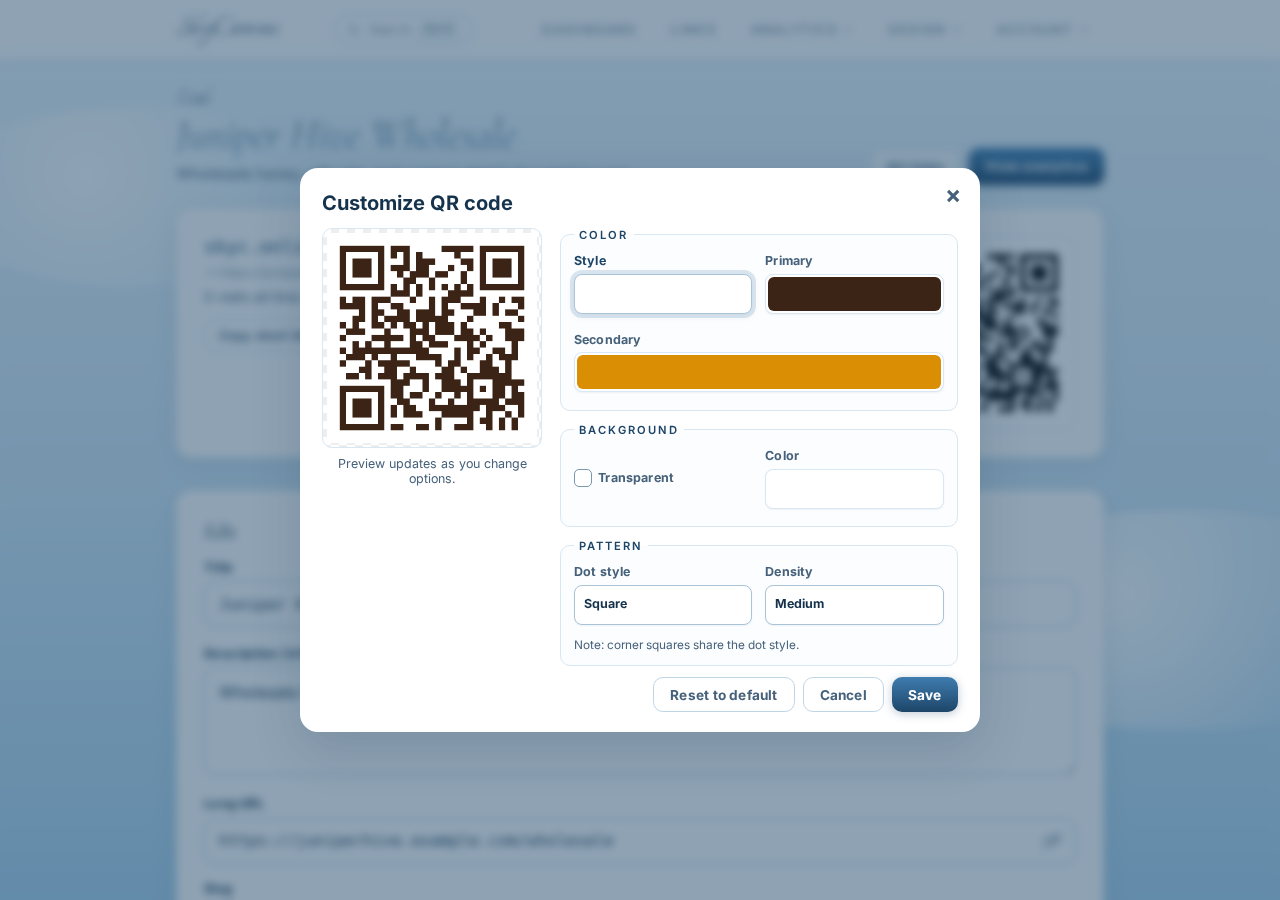 SkyCanvas QR customization controls with Juniper Hive brand colors applied and shown in the live preview