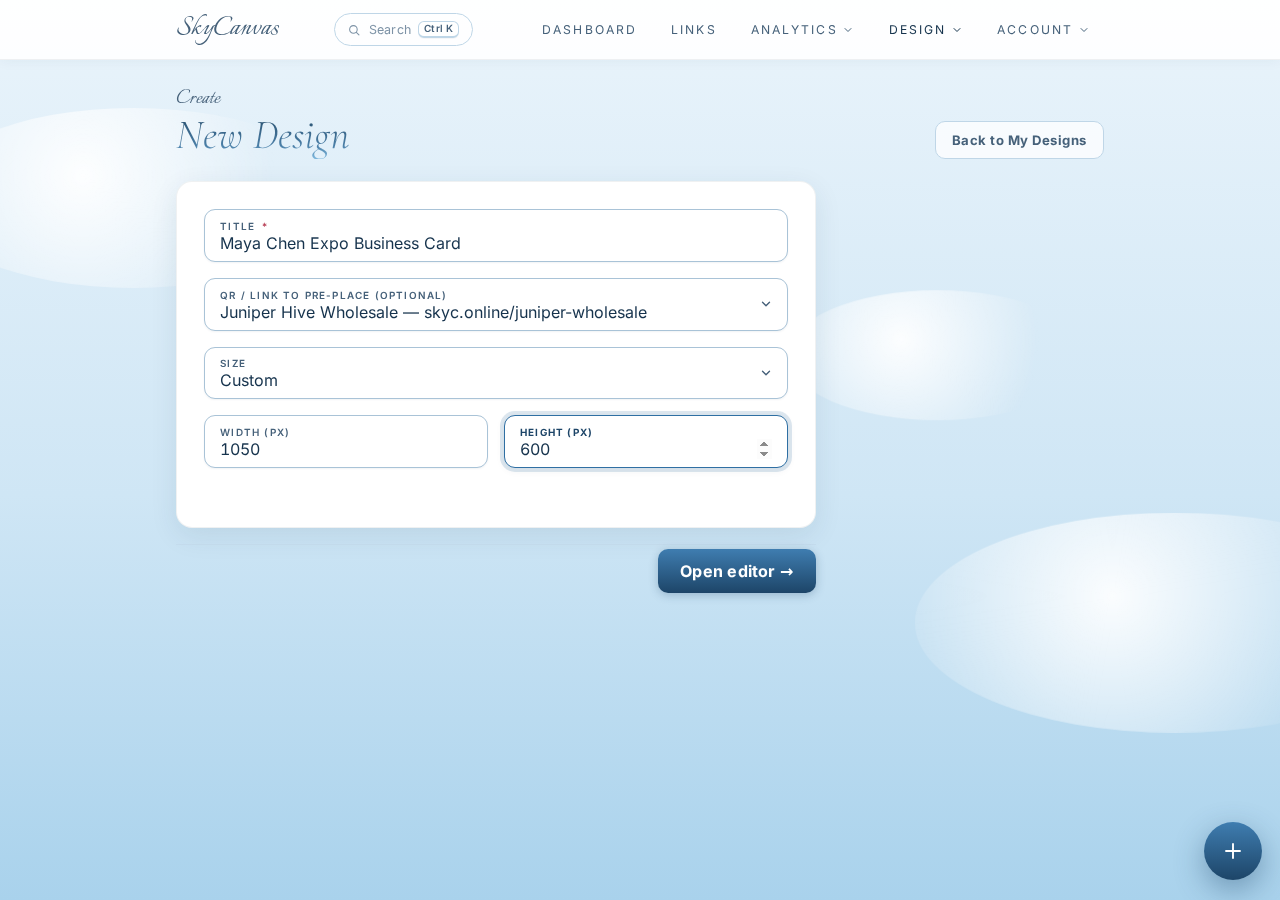 The new marketing material screen with the card title, custom size, and Juniper Hive wholesale link selected