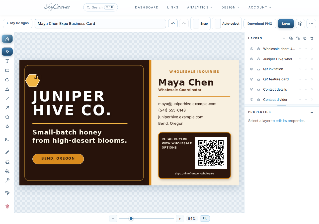 Finished Juniper Hive business card in the SkyCanvas editor with cocoa and amber styling, Maya Chen’s contact details, and a wholesale QR code