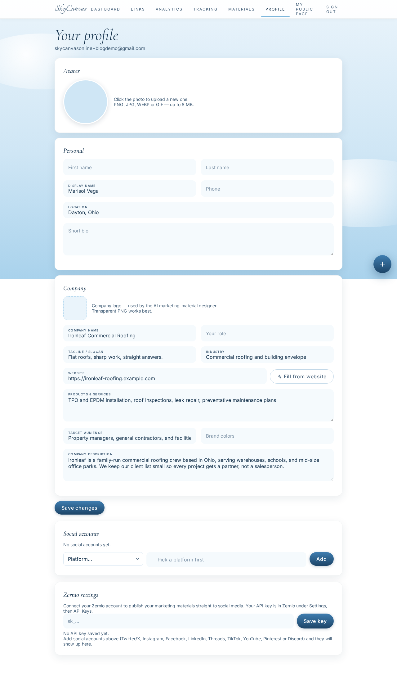 Ironleaf profile page filled in with company name, tagline, industry, services and audience