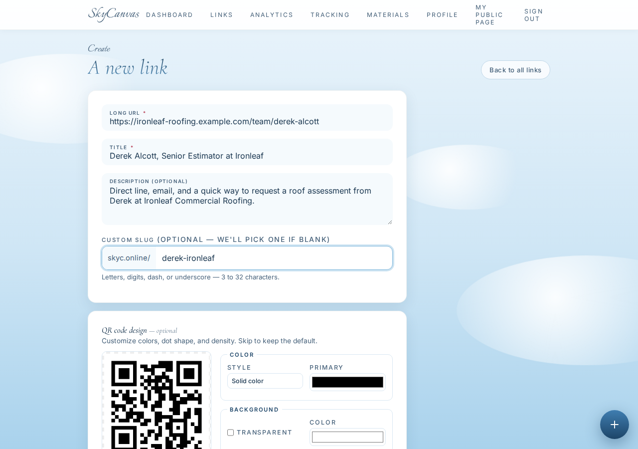 New short link form filled in with destination URL, title, description and custom slug, with a live QR preview