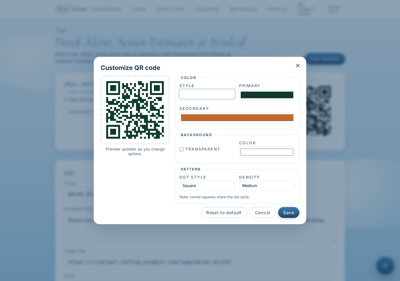 QR customization panel with Ironleaf's forest green and copper brand colors applied and a live preview
