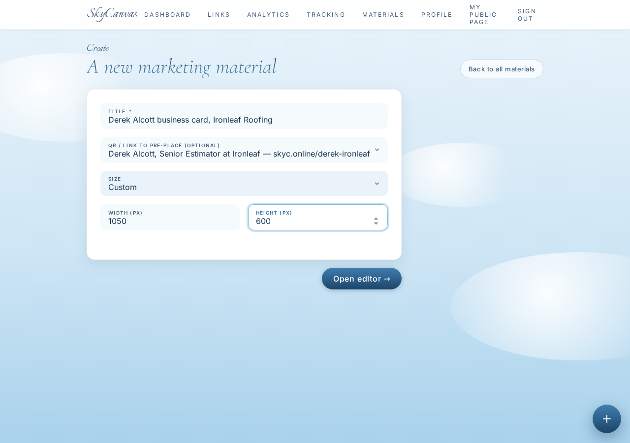 New marketing material form with title, custom size, and the derek-ironleaf short link selected
