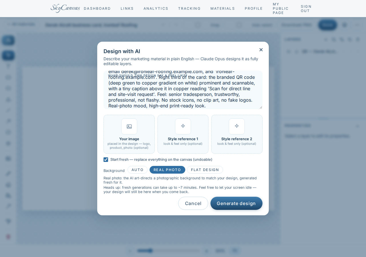 Design with AI modal with a plain-English brief and Real photo background mode selected
