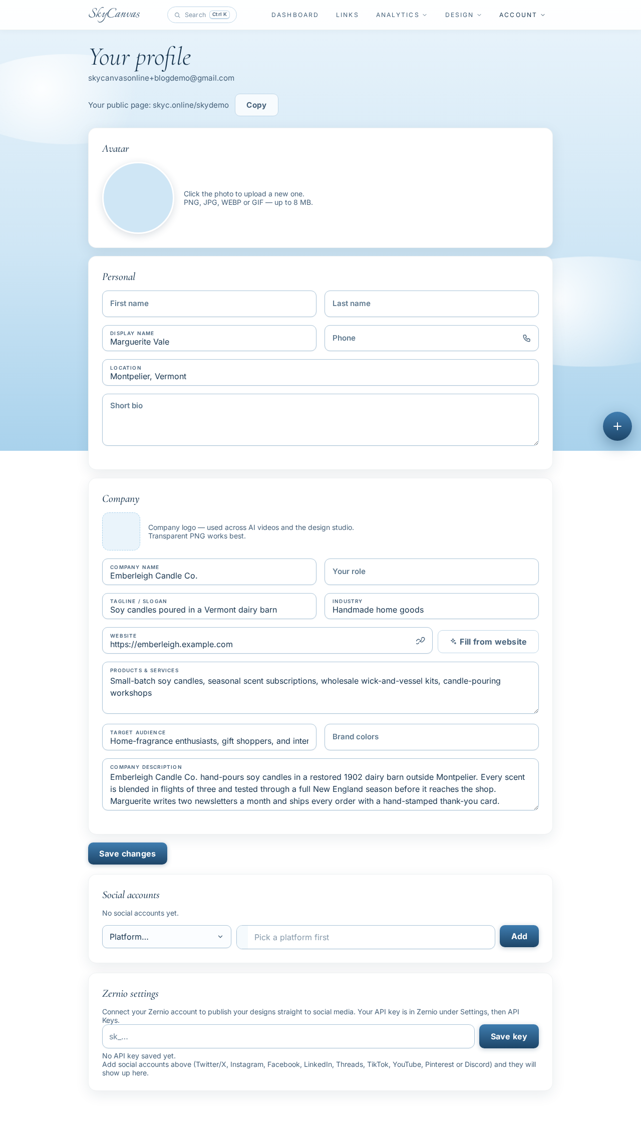 SkyCanvas profile page filled in with Emberleigh Candle Co.'s name, tagline, industry, services, and audience