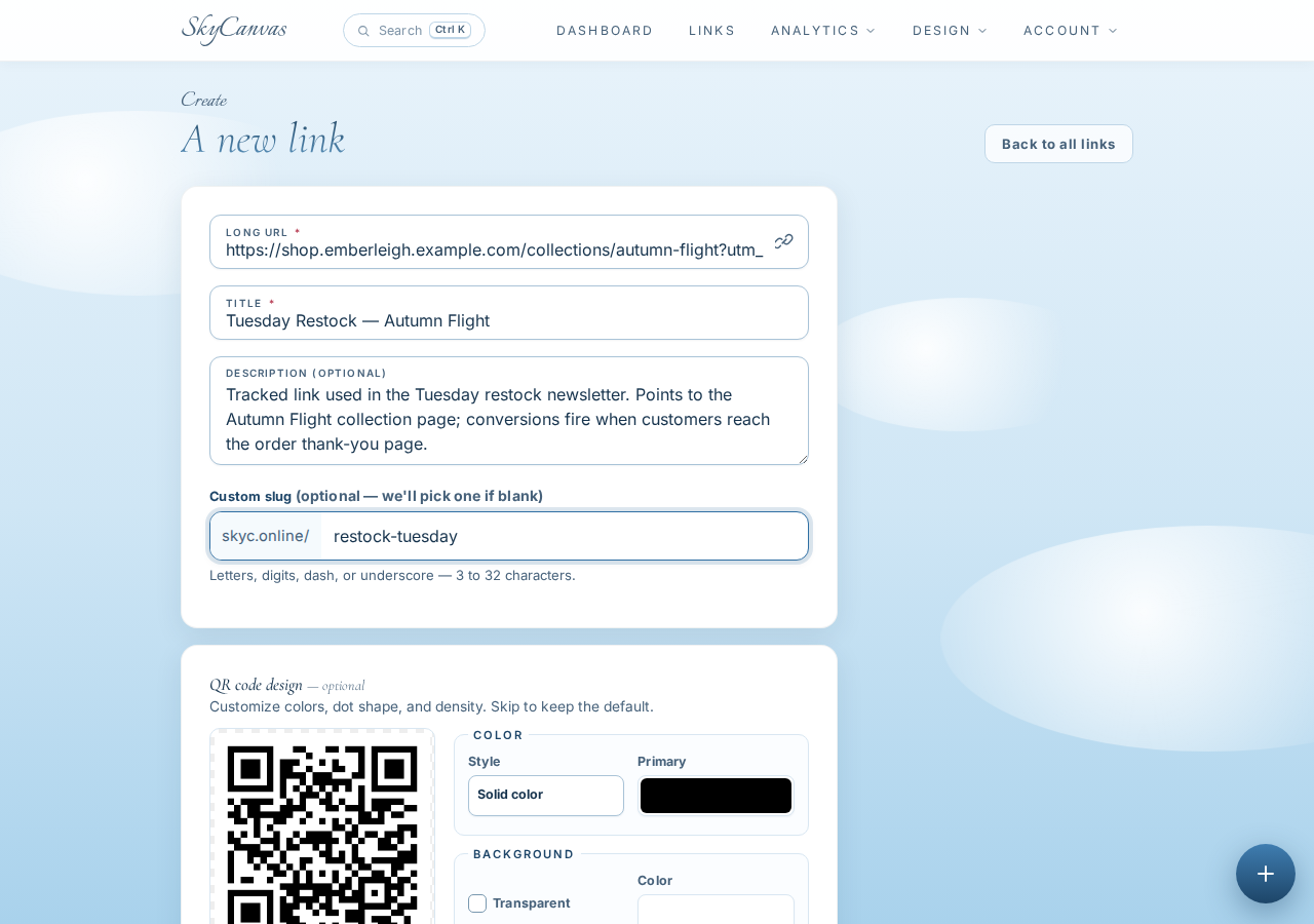 New short link form filled in with the Autumn Flight destination URL, title, description, custom slug, and a live QR preview on the right