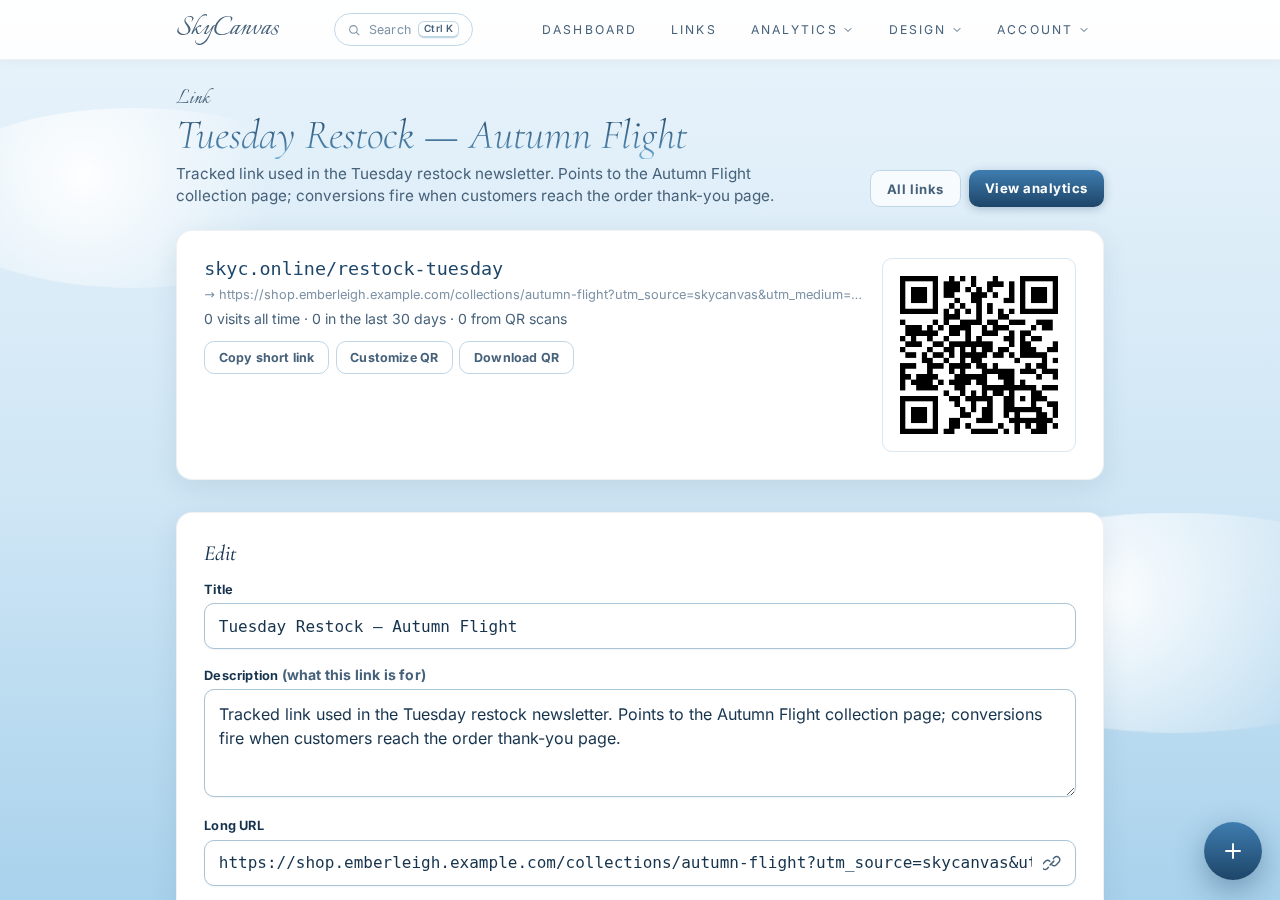 Link detail page showing the new skyc.online short URL, the full destination, and the generated QR code ready to download