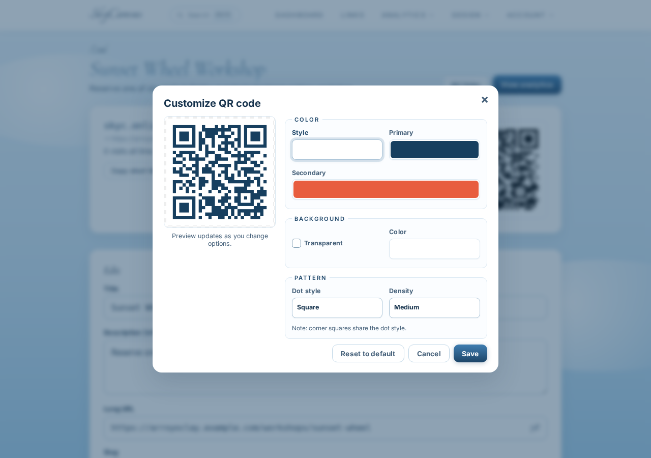 SkyCanvas QR customization controls showing Arroyo Clay Room’s blue and terracotta colors in the live preview