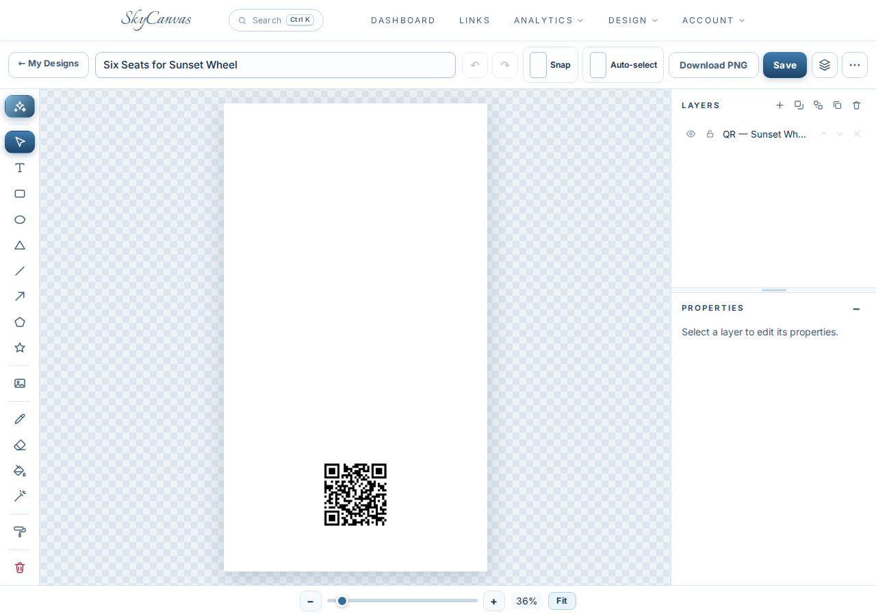 SkyCanvas design editor with its canvas tools, layers panel, and Design with AI button
