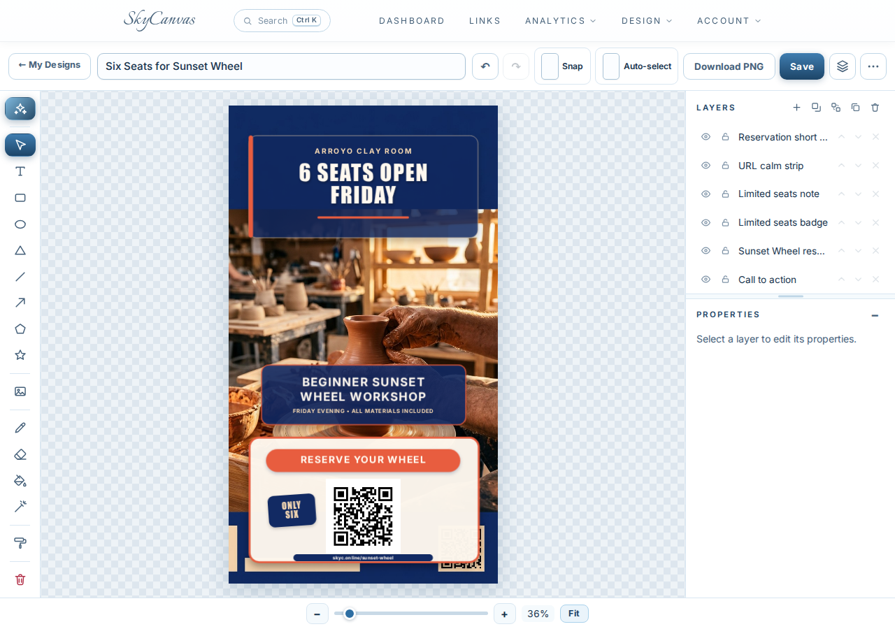 Finished Arroyo Clay Room Instagram Story with a pottery wheel photo, six-seat headline, terracotta call to action, and prominent workshop QR code