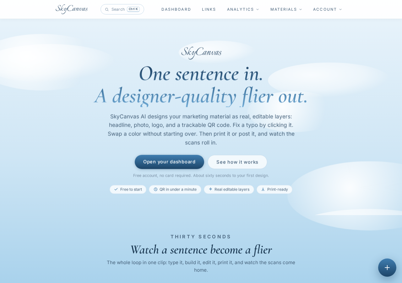 The SkyCanvas homepage at skycanvas.online.