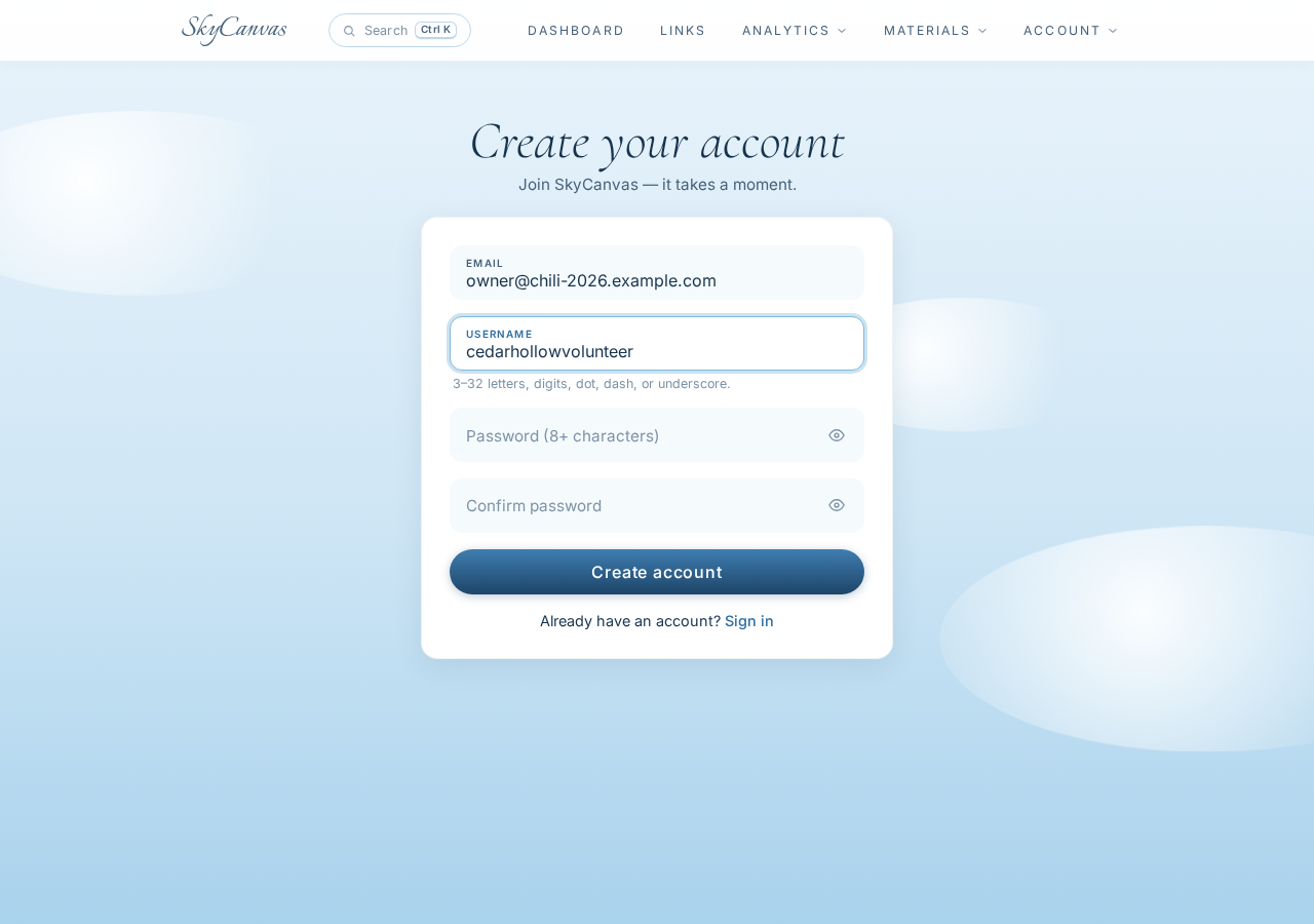 The SkyCanvas signup page with the account form filled in.