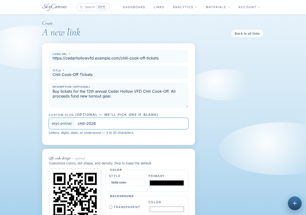 The new short link form filled in with destination URL, title, description and custom slug, with the live QR preview on the right.