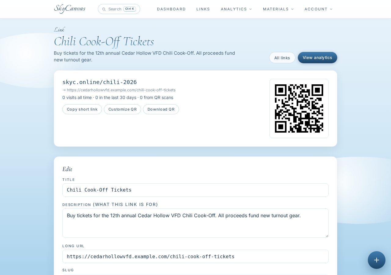 The link detail page right after creating the short link: the short URL, the destination, and the generated QR code ready to download.