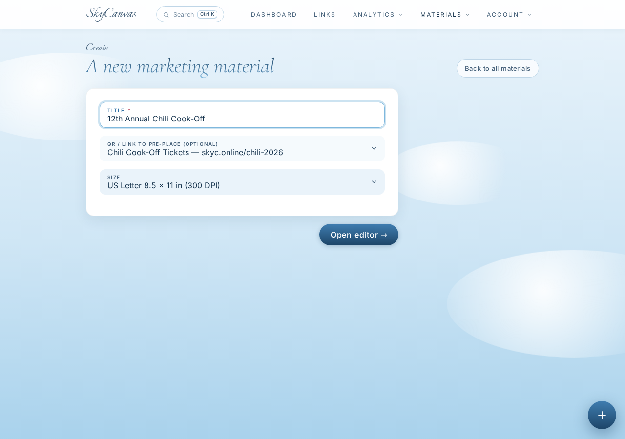 Starting a new marketing material: title, size preset, and the short link selected so its QR gets placed in the design.