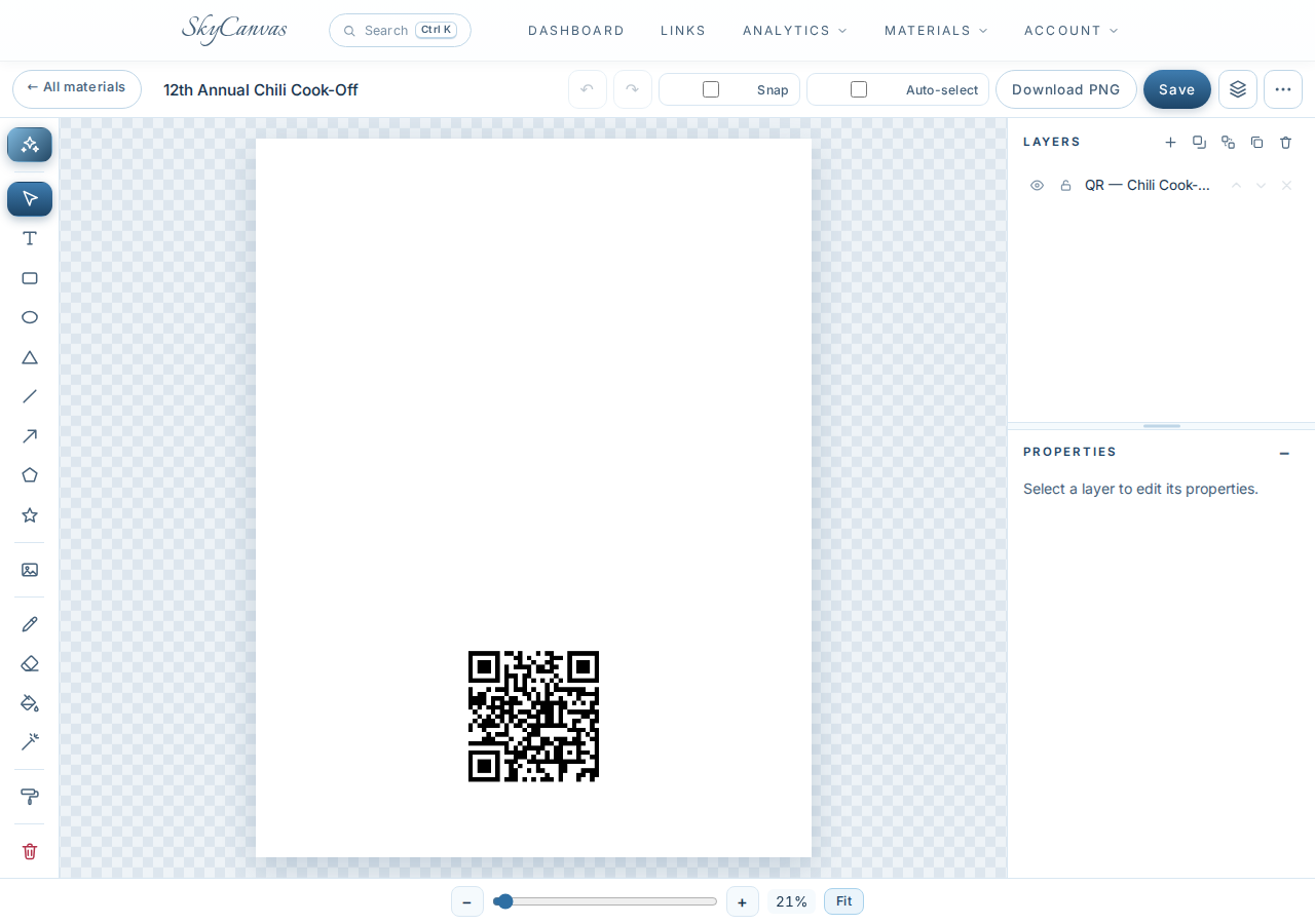 The SkyCanvas design editor: canvas, drawing tools, layers panel and the Design with AI button in the toolbar.