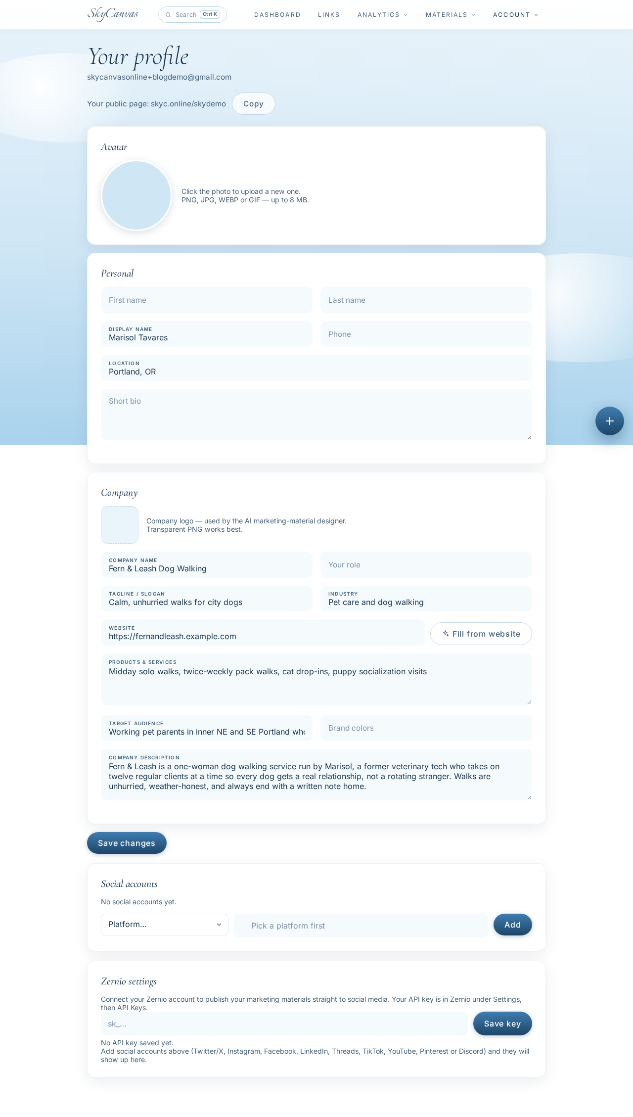 The SkyCanvas profile page filled in with Fern & Leash business details, including name, tagline, industry, services, and audience.