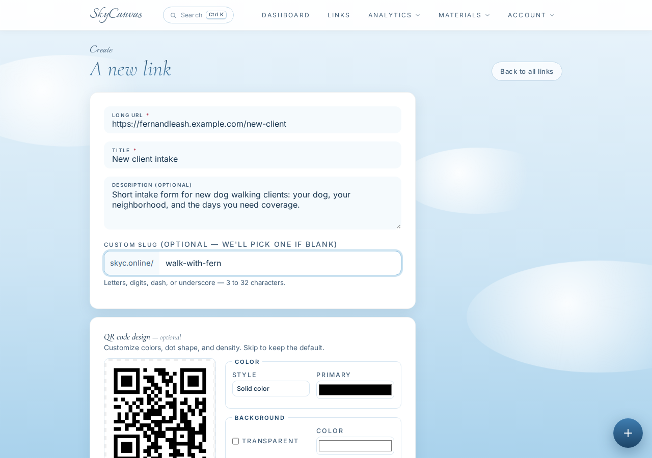 The new short link form filled in with destination URL, title, description, and custom slug, with a live QR preview on the right.