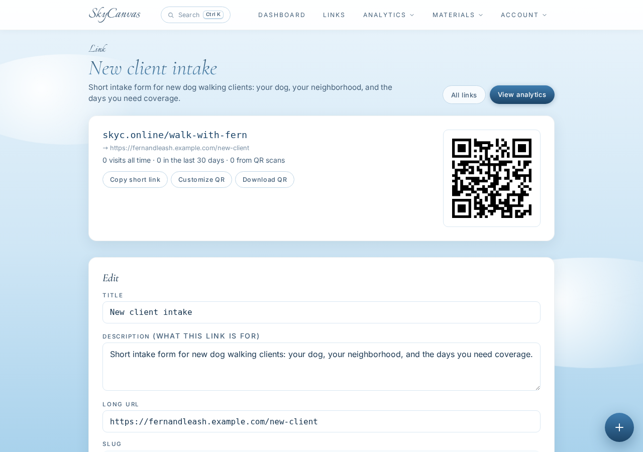 The link detail page right after creating the short link, showing the sky.canvas short URL, the destination, and the generated QR code ready to download.