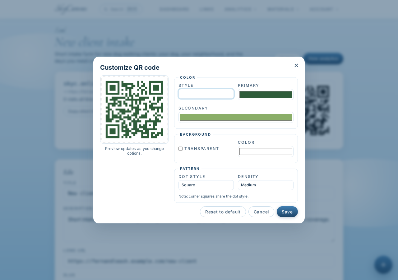 The QR customization panel on the link page, with brand colors applied to the QR modules and a live preview.