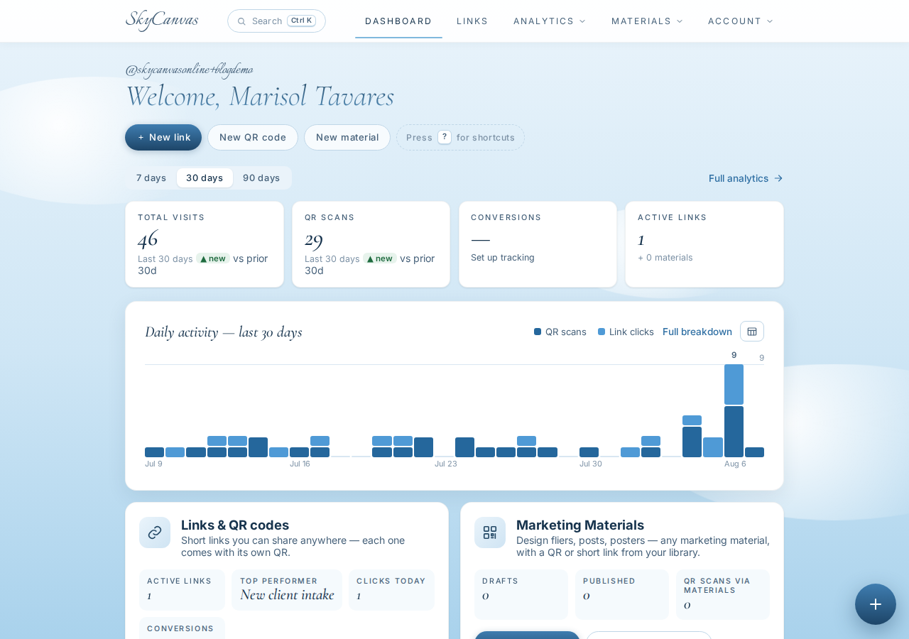 The SkyCanvas dashboard with KPI tiles for clicks, QR scans, conversions, and links, plus a daily activity chart.