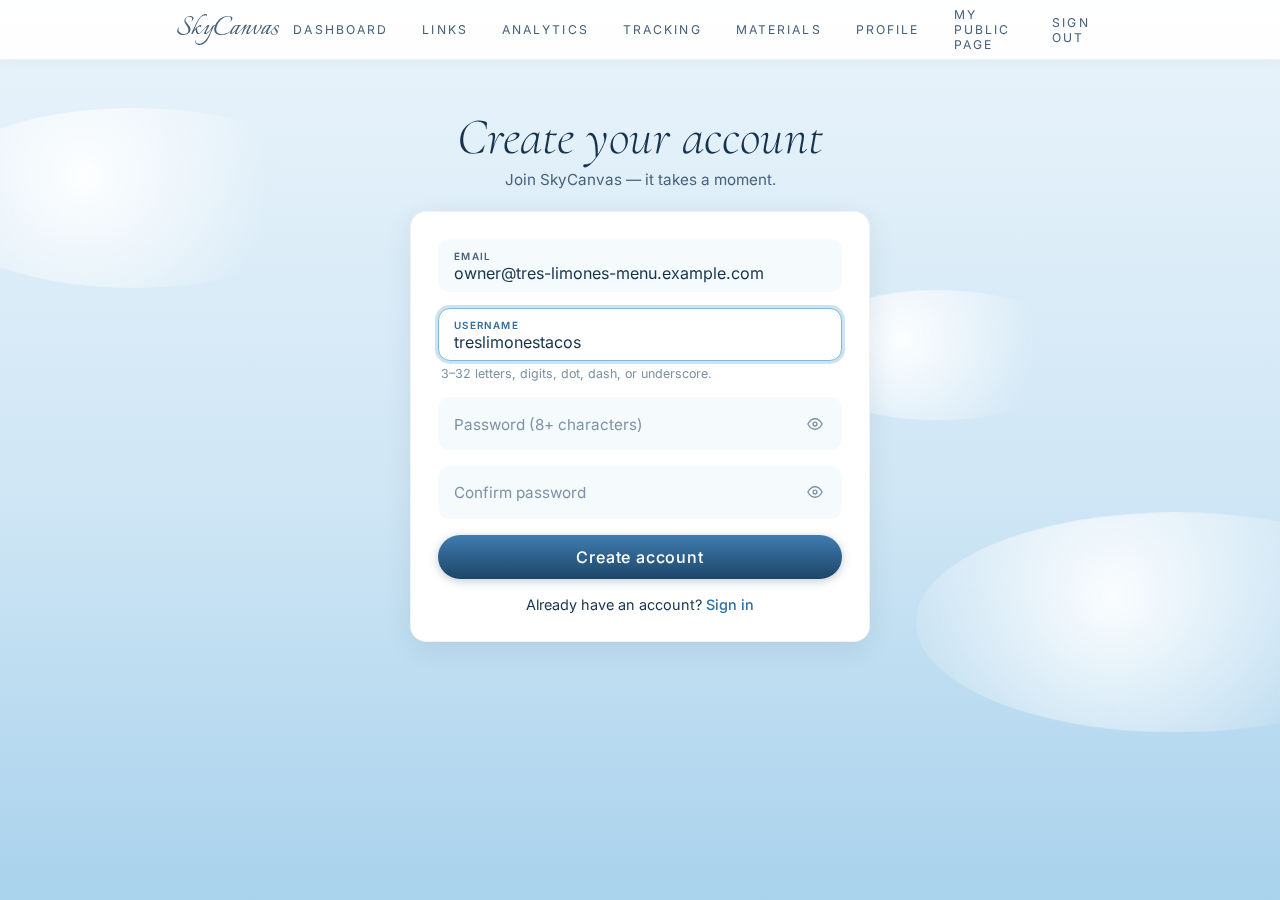 SkyCanvas signup form with the Tres Limones email and username filled in