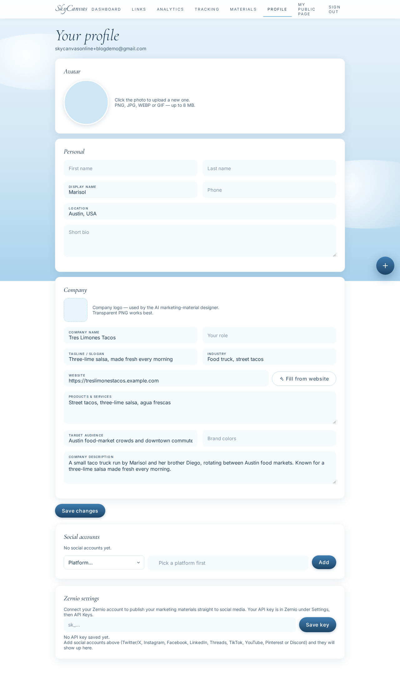 The profile page filled in with Tres Limones Tacos business details