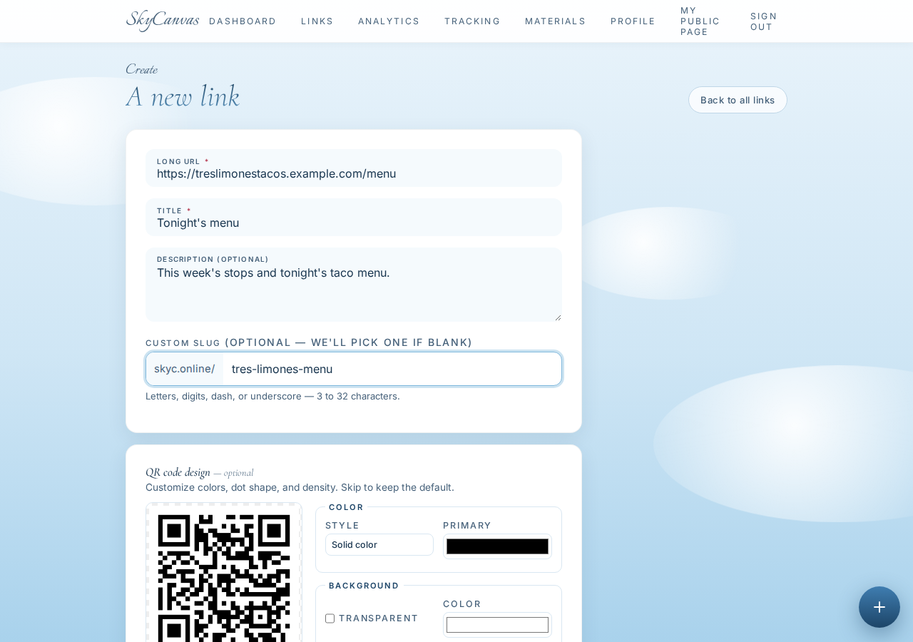 The new short link form filled in, with the QR preview on the right