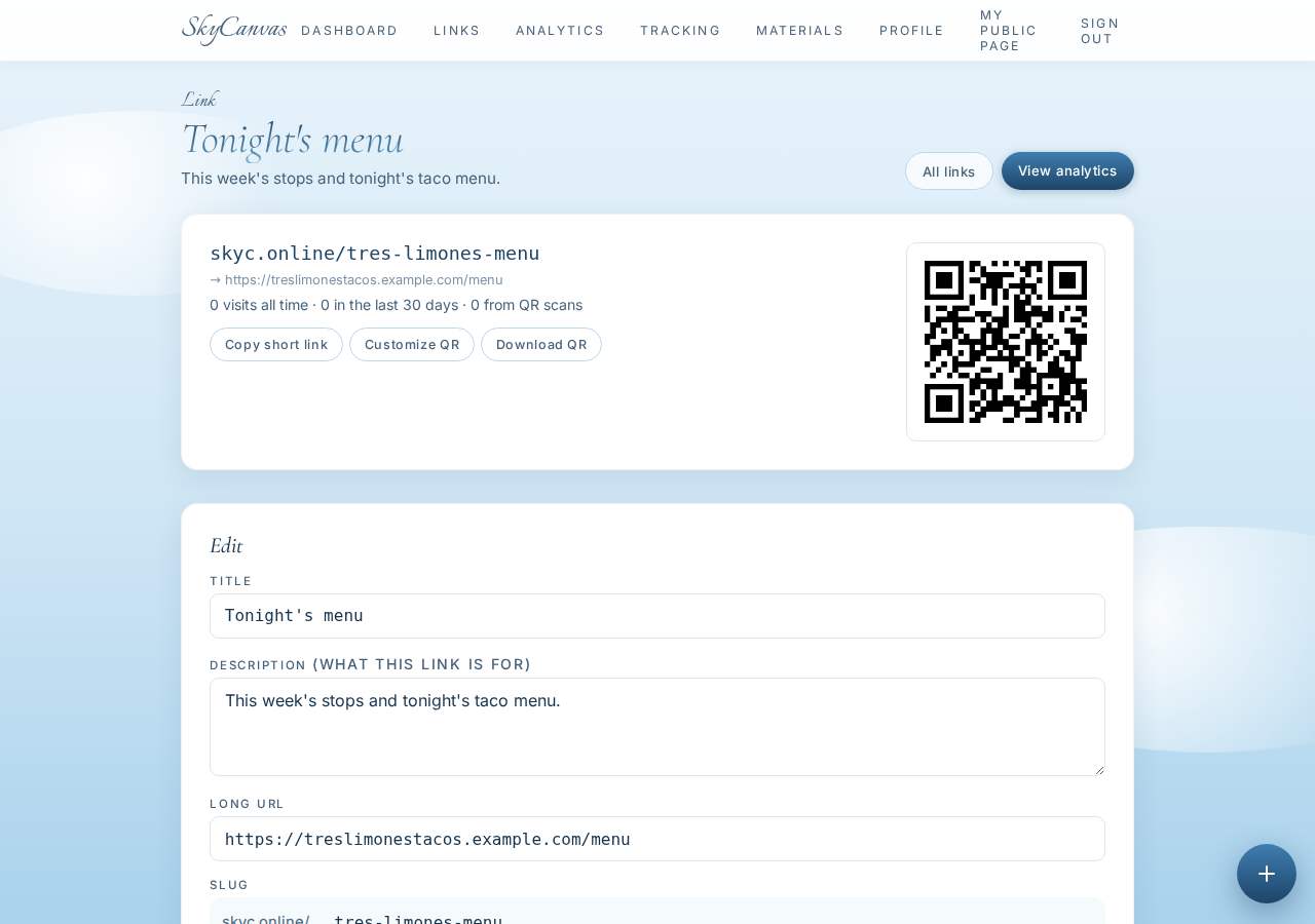 The link detail page for Tonight's menu, showing skyc.online/tres-limones-menu and the QR code