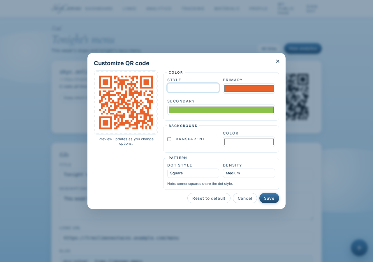 The Customize QR modal with sunset orange primary and lime green secondary