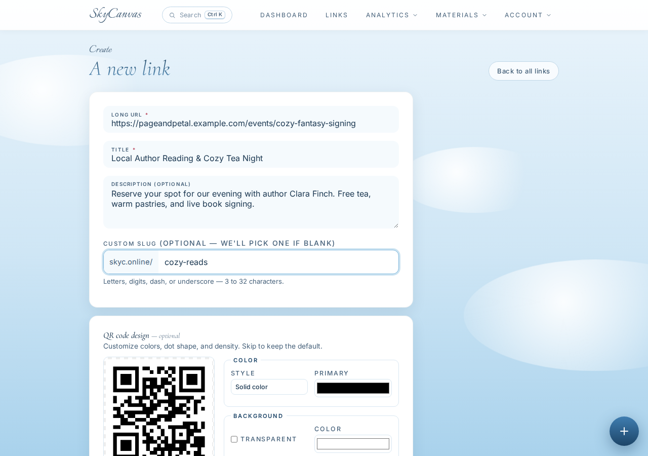The "new short link" form filled in: destination URL, title, description and custom slug, with the live QR preview on the right.