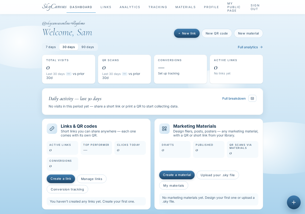 The SkyCanvas dashboard with KPI tiles for clicks, QR scans, conversions and links above a daily activity chart