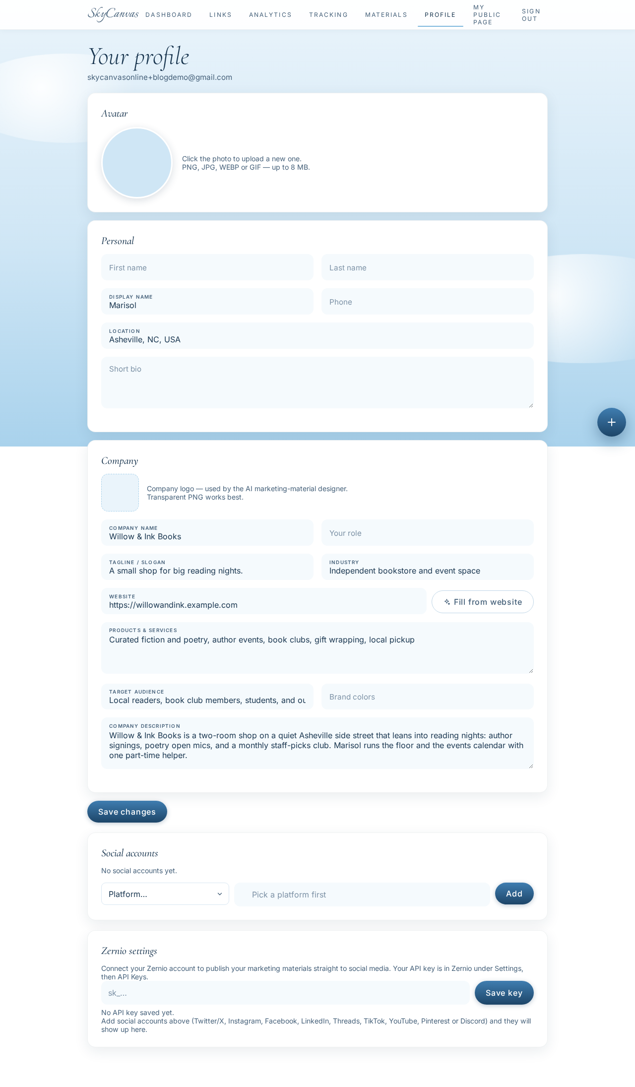 The profile page filled in with Willow & Ink Books' name, tagline, industry, services, and audience