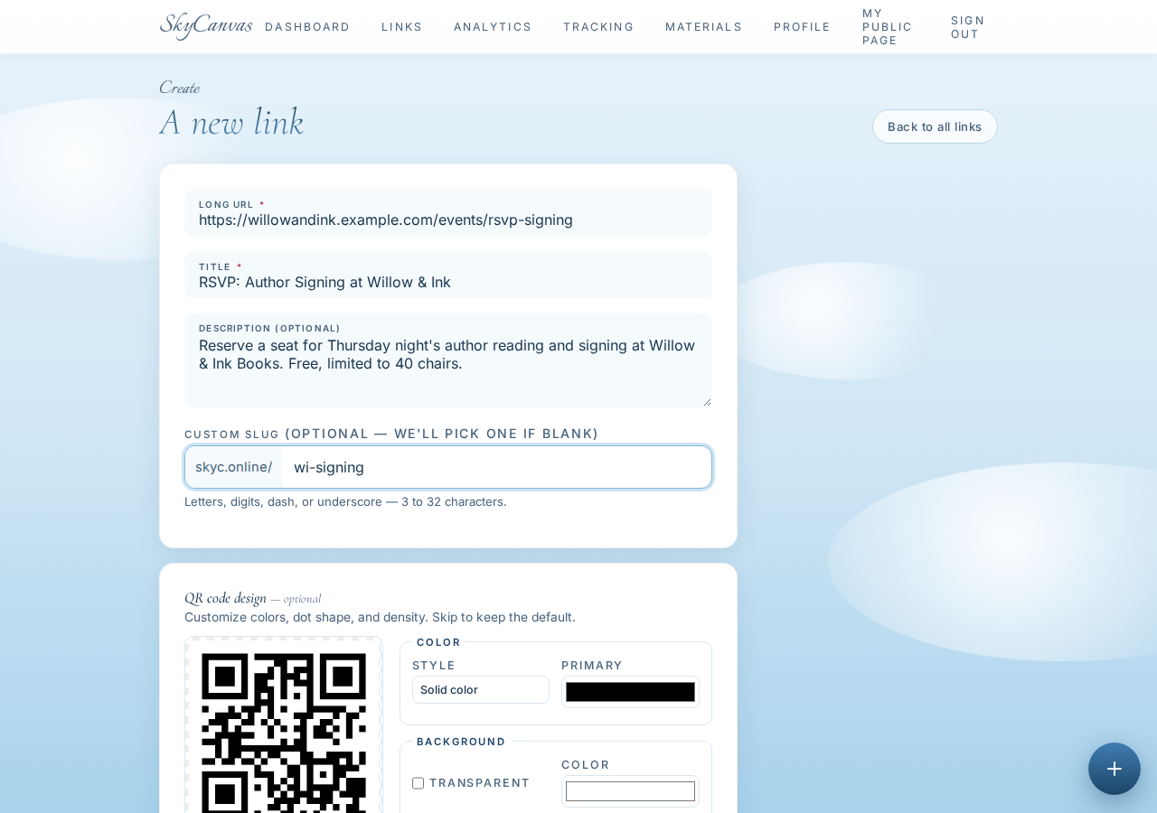 The new short link form filled in with destination URL, title, description and a custom slug, next to a live QR preview